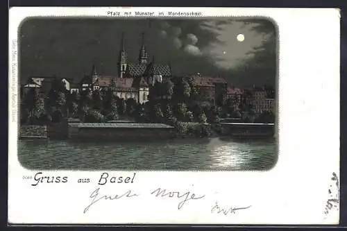 Lithographie Basel, Pfalz mit Münster bei Nacht