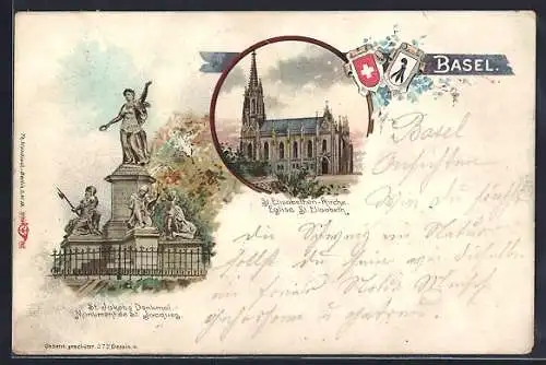 Lithographie Basel, St. Jacobsdenkmal & St. Elisabeth-Kirche