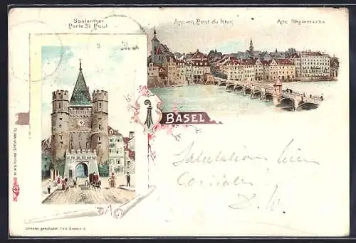 Lithographie Basel, alte Rheinbrücke, Spalenthor