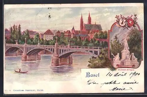 Lithographie Basel, Ortsansicht mit Wettsteinbrücke und St. Jakob-Denkmal