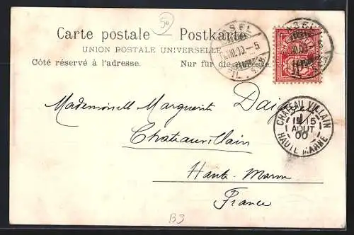 Lithographie Basel, Ortsansicht mit Wettsteinbrücke und St. Jakob-Denkmal