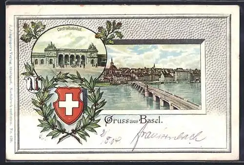 Passepartout-AK Basel, Centralbahnhof, Blick auf Brücke und Häuser, Wappen, Eichenblätter und Kranz