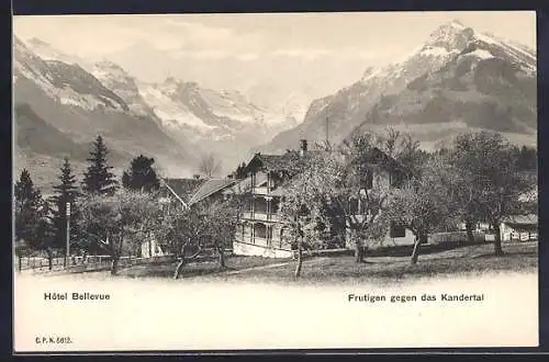 AK Frutigen, Panorama gegen das Kandertal und Hotel Bellevue