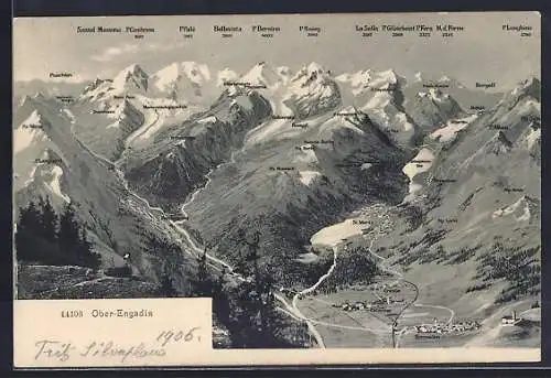 AK Samaden, Ortspanorama mit St. Moritz, Alp Laret, Bergeli, Piz Roseg, Piz Palü