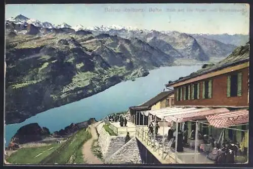 AK Brienz /BE, Station der Brienz-Rothorn-Bahn mit Blick auf die Alpen und den Brienzersee