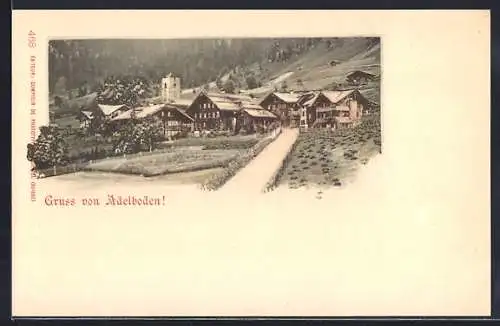 AK Adelboden, Ortsansicht auf Häuser mit Kirchturm