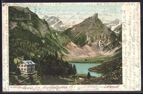 AK Seealpsee, Seealpsee mit Berggipfeln aus der Vogelschau