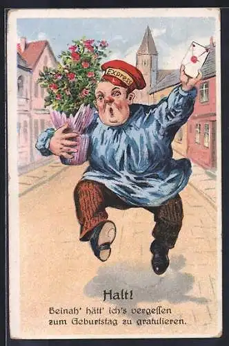 AK Express-Postbote mit Brief und Blumenstrauch, Geburtstagskarte