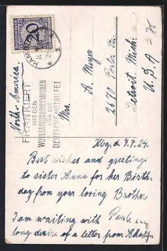 AK Express-Postbote mit Brief und Blumenstrauch, Geburtstagskarte