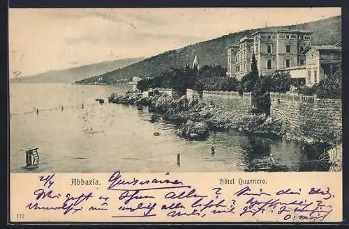 AK Abbazia, Hotel Quarnero mit Seebad und Badegästen