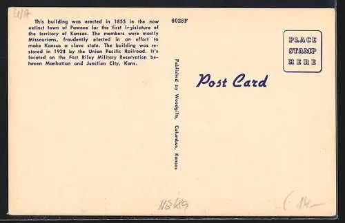 AK Manhatten, KS, First Kansas Capitol at Fort Riley