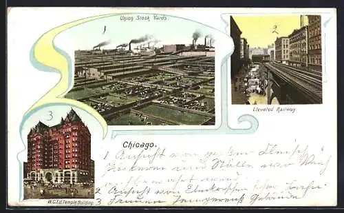 AK Chicago, IL, W. C. T. U. Temple Building, elevated railway, Union Stock Yards