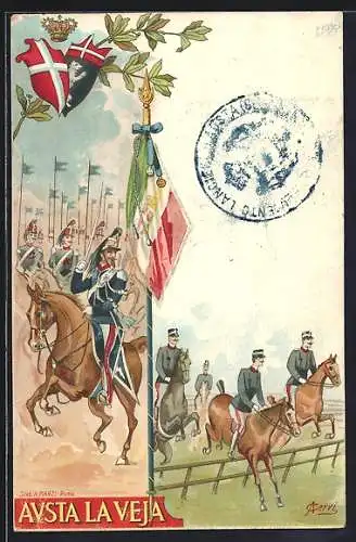 Lithographie Lancieri Aosta, Austa Laveja, italienisches Kavallerie-Regiment