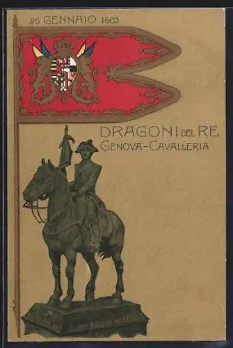 Künstler-AK Dragoni del Re, Genova-Cavalleria, italienisches Kavallerie-Regiment, Fahne