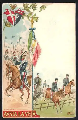 Lithographie Lancieri Aosta, Austa la Veja, italienisches Kavallerie-Regiment, Wappen und Fahne