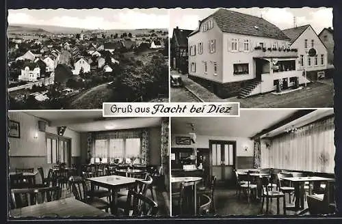 AK Flacht / Diez, Ortsansicht, Gasthaus Zum goldenen Löwen mit Innenansicht