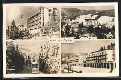 AK Krynica, Ortspartie, Gebäudeansicht und Bahn im Schnee