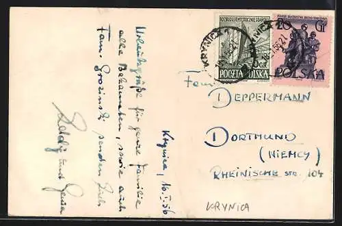 AK Krynica, Ortspartie, Gebäudeansicht und Bahn im Schnee