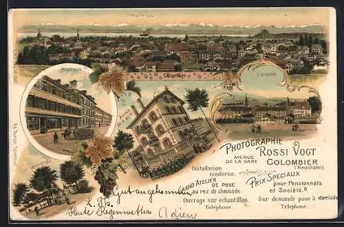 Lithographie Colombier /NE, Photographie Rossi Vogt, Avenue de la Gare, l`arsenal, Rue haute, vue générale