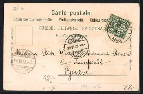 Lithographie Colombier /NE, Photographie Rossi Vogt, Avenue de la Gare, l`arsenal, Rue haute, vue générale