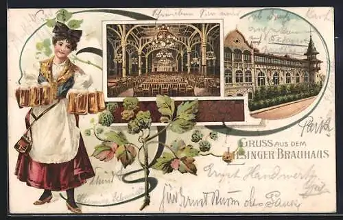 Lithographie Wien, Liesinger Brauhaus, Innen- und Aussenansicht, Kellnerin mit Bierkrügen