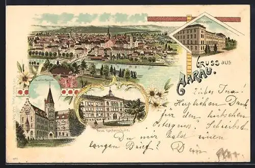 Lithographie Aarau, Ortsansicht, Neue Kaserne, Gewerbe-Museum, Neue Kantonschule