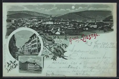 Mondschein-Lithographie Liestal, Innere Stadt, Kaserne, Totalansicht