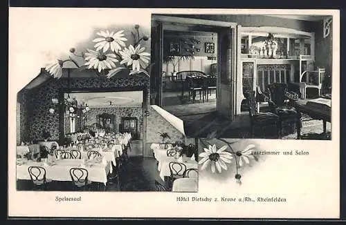 AK Rheinfelden, Hotel Dietschy z. Krone a. Rh., Speisesaal, Lesezimmer und Salon
