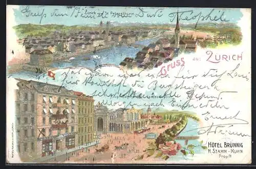 Lithographie Zürich, Hotel Brünnig v. H. Stamm-Kuhn, Hauptbahnhof, Landesmuseum, Ortsansicht vom Petersturm