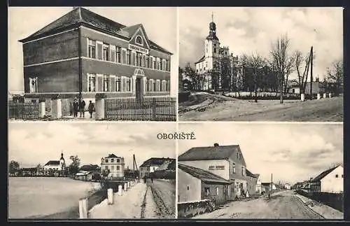 AK Oboriste, Schule, Kirche, Strassenpartie mit Gebäudeansicht