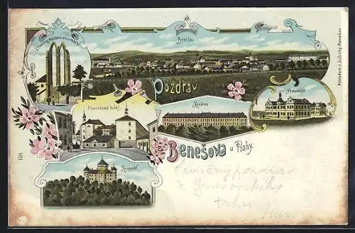 Lithographie Beneschau / Benesov, Kasárna, Konopist, Piaristská kolej