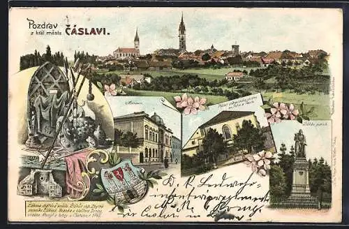Lithographie Tschaslau / Caslav, Museum, Zizkuv pomnik, Wappen