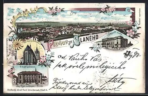 Lithographie Schlan / Slany, C. K. vyssi gymnasium, Dek. chrám sv. Gottharda, Zálozenské divadlo