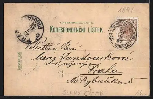 Lithographie Schlan / Slany, C. K. vyssi gymnasium, Dek. chrám sv. Gottharda, Zálozenské divadlo