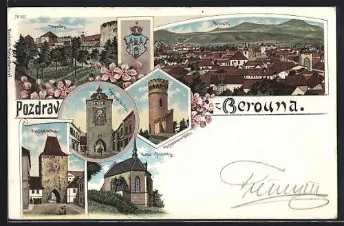 Lithographie Beraun / Beroun, Hradby, Kaple u Studanky, Rozhledna na Dedu