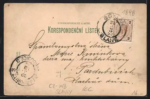 Lithographie Schlan / Slany, Námesti, Kláster frantiskánský, Slansk'hora