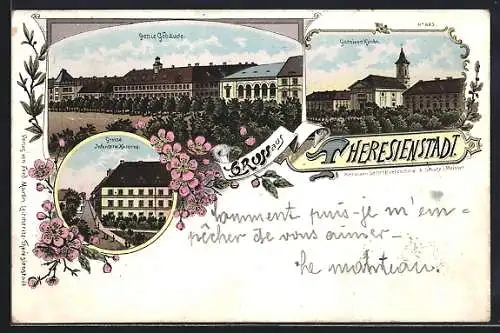 Lithographie Theresienstadt / Terezin, Grosse Infanterie-Kaserne, Garnisonskirche, Geniegebäude