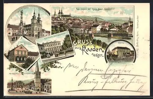 Lithographie Kaaden / Kadan, Kaserne, Marktplatz und Rathausturm