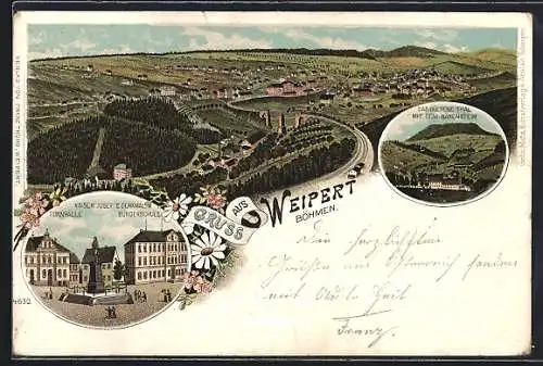 Lithographie Weipert / Vejprty, Bürgerschule, Turnhalle, Güldnes Thal mit Bärenstein