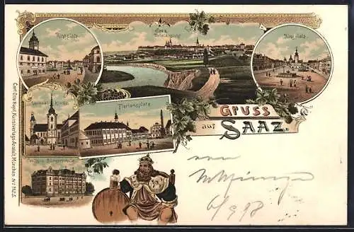 Lithographie Saaz, Ringplatz, Floriansplatz, Volks- u. Bürgerschule