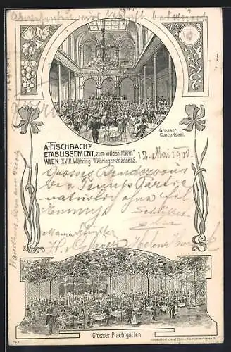 Lithographie Wien, Währing, Gasthaus Etablissement A. Fischbach, Währingerstrasse 85, Grosser Concertsaal, Prachtgarten