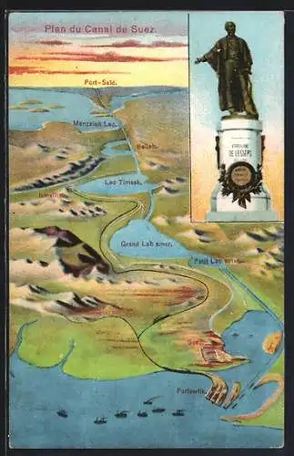 AK Canal des Suez, Ansicht des Kanals, Statue