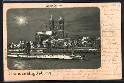 Winter-Lithographie Magdeburg, Dom von der Elbe betrachtet