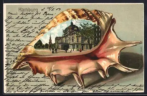 Passepartout-Lithographie Hamburg-St.Georg, Deutsches Schauspielhaus, Ansicht auf Muschel