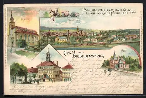 Lithographie Bischofswerda, Post, Rathaus, Kirche