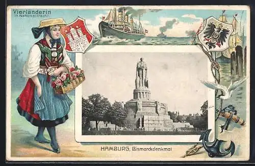 Passepartout-Lithographie Hamburg-St.Pauli, Bismarckdenkmal, Vierländerin in Tracht, Wappen, Passagierschiff