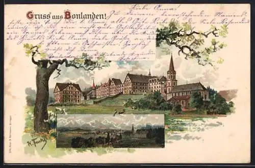 Lithographie Bonlanden / Berkheim, Blick über Wiesen und Felder auf den Ort, Kloster