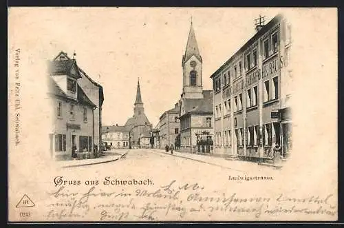 AK Schwabach, Ludwigsstrasse mit Tabakfabrik Rau