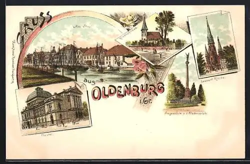 Lithographie Oldenburg i. Gr., Am Stau, Theater, Siegessäule