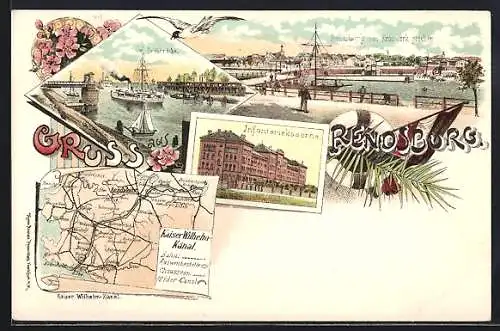 Lithographie Rendsburg, Infanteriekaserne, Drehbrücke, Landkarte